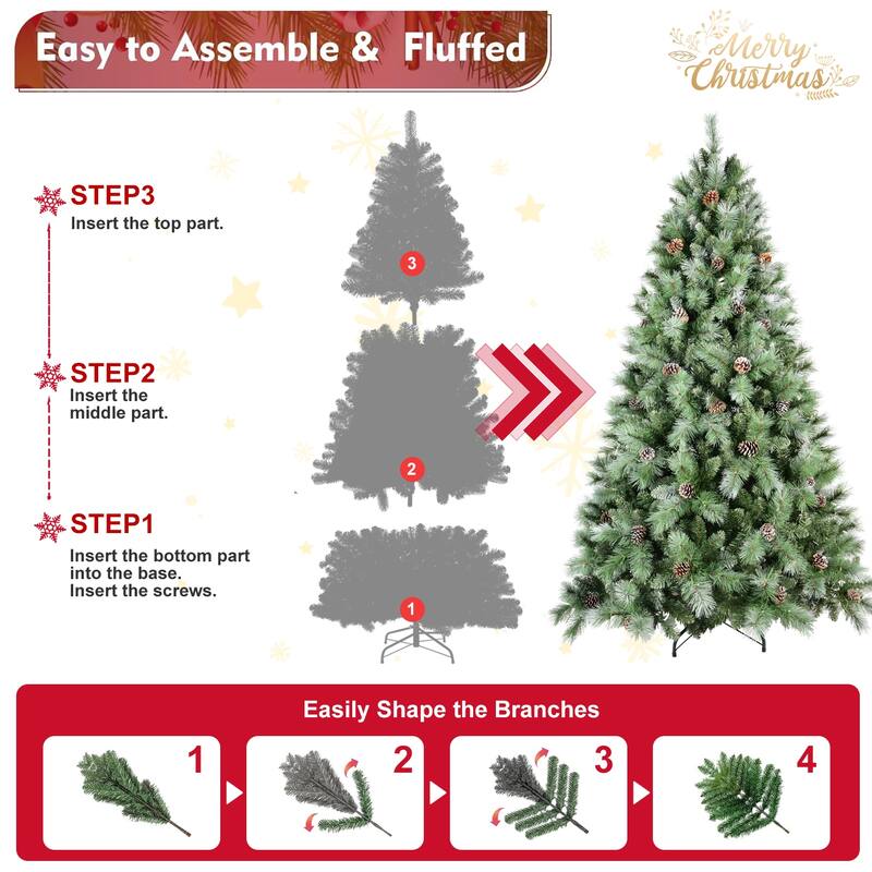 5FT Christmas Tree with 51 Pine Cones - 694 Tips, Mixed PVC & Hard Needle Branches, Hinged Structure,Metal Stand