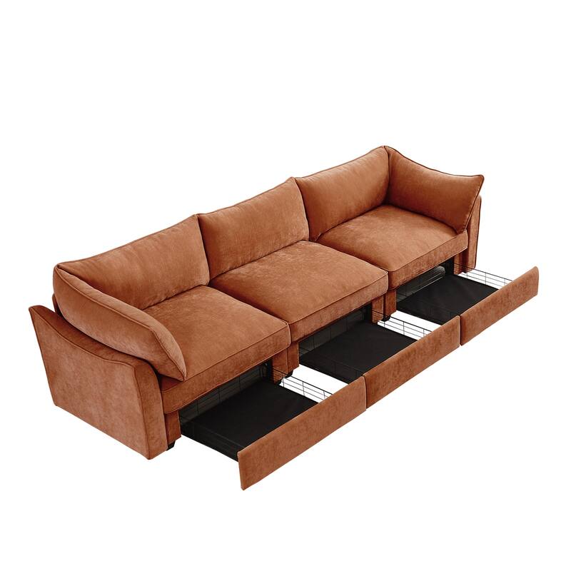3-Seater Large Wide & Deep Sofa with Pull out Drawers Under Each Seat, Crescent-Shaped Armrests and Wraparound Back
