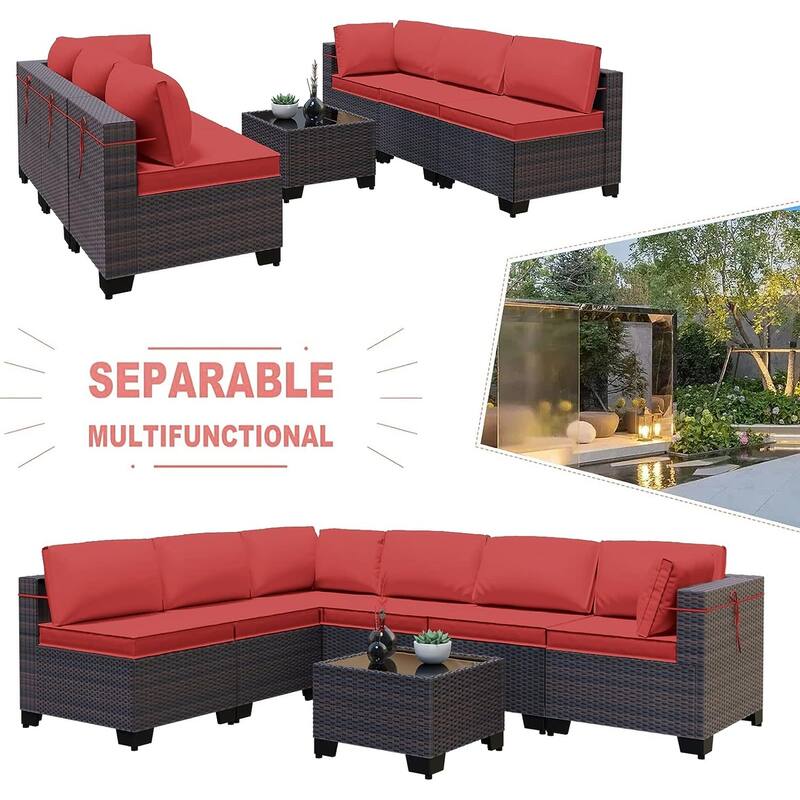 Kullavik 7 Pieces Outdoor Sectional Sofa Set Brown Wicker Patio Conversation Set with Seat Cushions and Tempered Glass Table