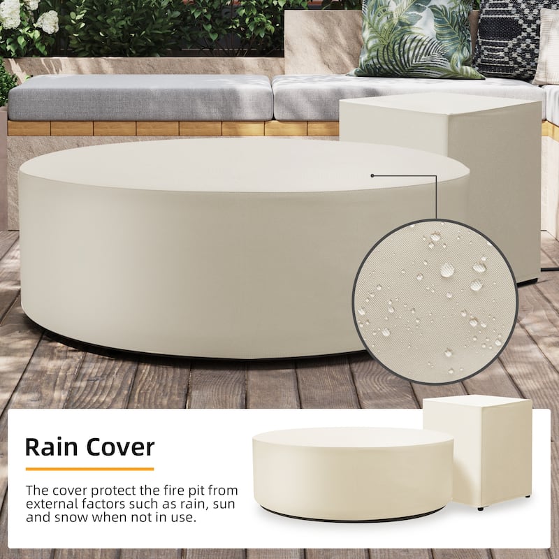 Patio Watcher Outdoor Brown Iron Fire Pit Table with Metal Lid and Propane Tank Cover，Glass Wind Guard Option