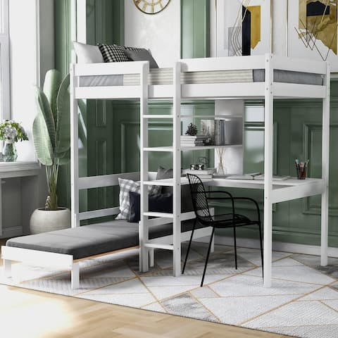 Twin Size Convertible L-Shape Loft Bed with Desk, Bunk Bed with 3-Tier Storage Shelves and Middle Ladder for Bedroom, White