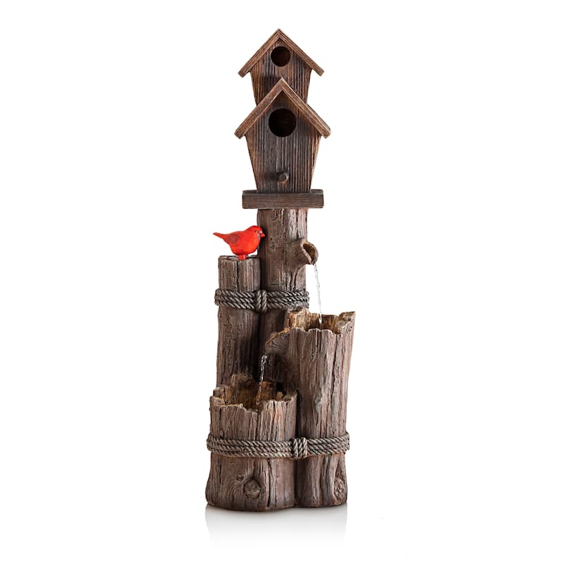 Alpine Corporation WCT2002 35" Brown Outdoor 3 Tier Birdhouse Water Fountain with Cardinal Sculptures