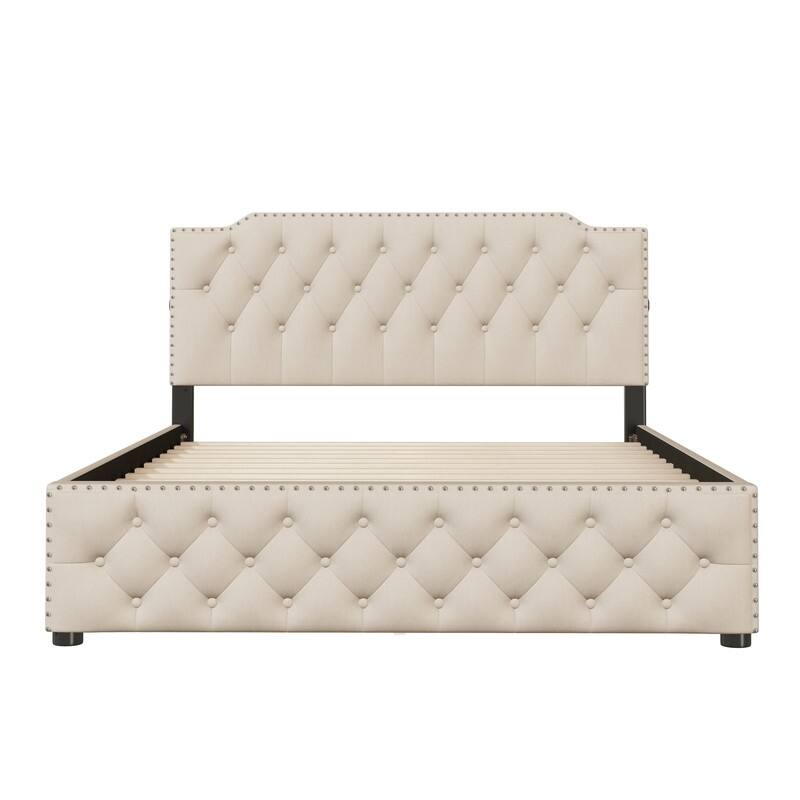 Queen Size Linen Upholstered Platform Bed with Drawers and USB Ports
