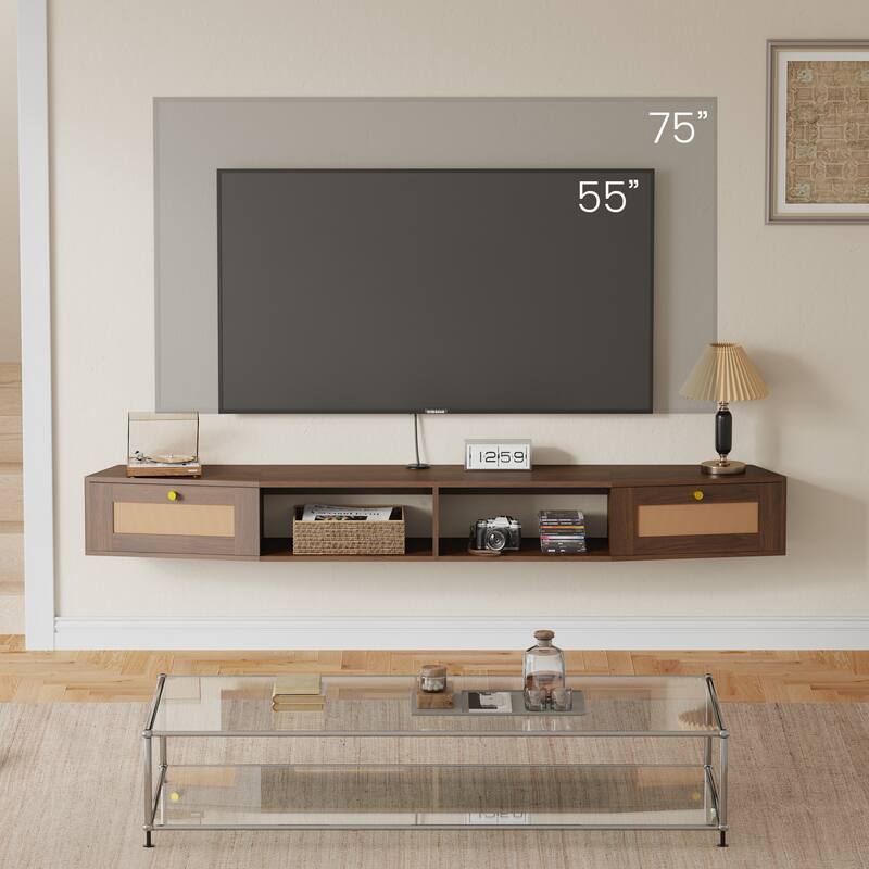 EROMMY Wall-Mounted TV Cabinet with Rattan Doors & Shelves - Floating Entertainment Center with Cable Management