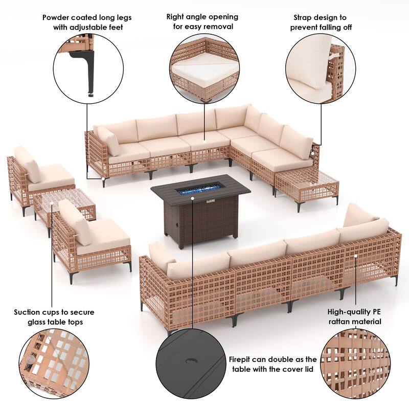 12 - Person Outdoor Sectional Seating Group with Fire Pit