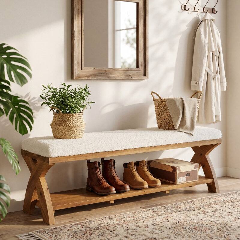 55.11''Solid Wood Entryway Shoe Bench with Cushion & Storsge Shelf