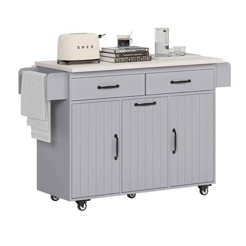 Floor Standing Kitchen Island Convertible Drop Leaf Kitchen Cart, Grey Kitchen Island on Wheels with Tilt-out Trash Can