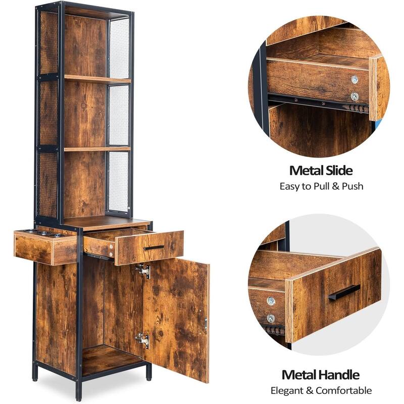 Wall Mount Salon Station for Hair Stylist, Barber Stations with 3-Tier Storage Shelf, Hair Styling Storage Cabinet with 1 Drawer