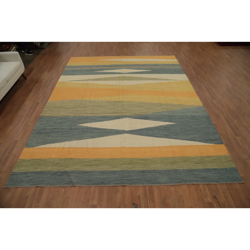Hand Woven Oriental 100% Wool Carpet Southwestern Modern Oranges & Rust Kilim Area Rug - 12' 9'' X 9' 9''