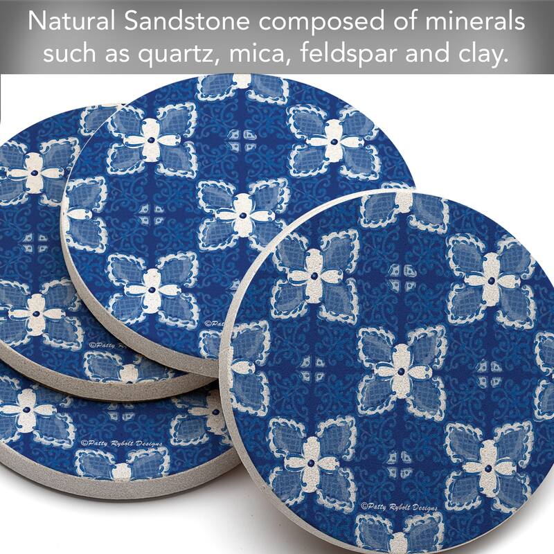 Blue Flower Tile 4 Pack Round Natural Sandstone Coasters with Protective Cork Backing Manufactured in The USA
