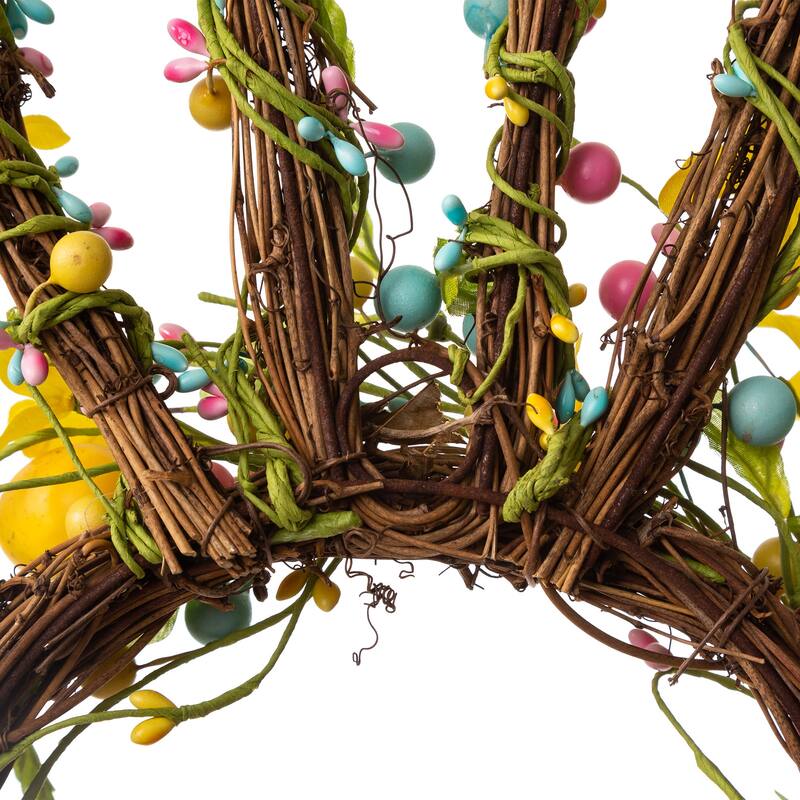 Glitzhome Easter Bunny Shaped Wreath with Eggs Satin Ribbon Bow Basket