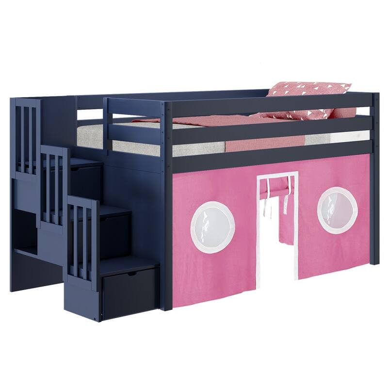 JACKPOT Contemporary Low Loft Twin Bed with 3 Step Stairway and Tent - Blue with Pink & White Tent