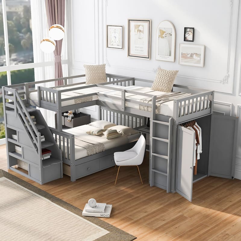 Twin-Twin over Full L-Shaped Bunk Bed With 3 Drawers, and Portable Desk and Wardrobe - Grey