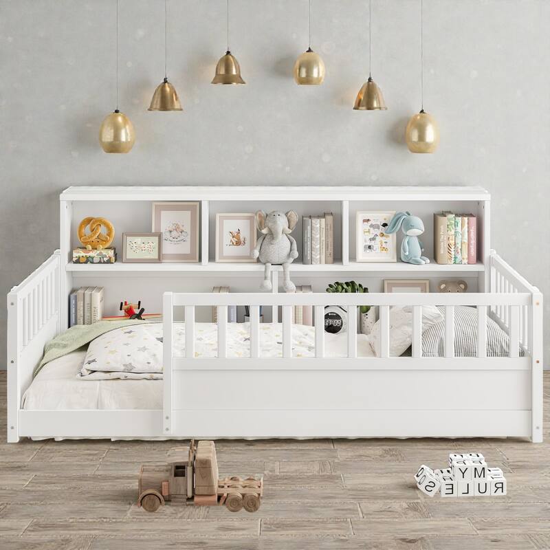 Wooden Floor Bed with Fence Guardrails, Montessori Style Kids Bed Frame with Side Storage Design