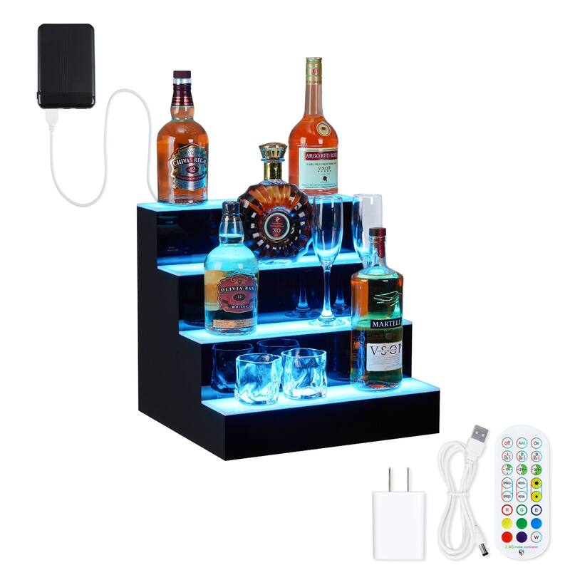 4-Step 16" Lighted Liquor Bottle Display Shelf with Remote APP Control - Black