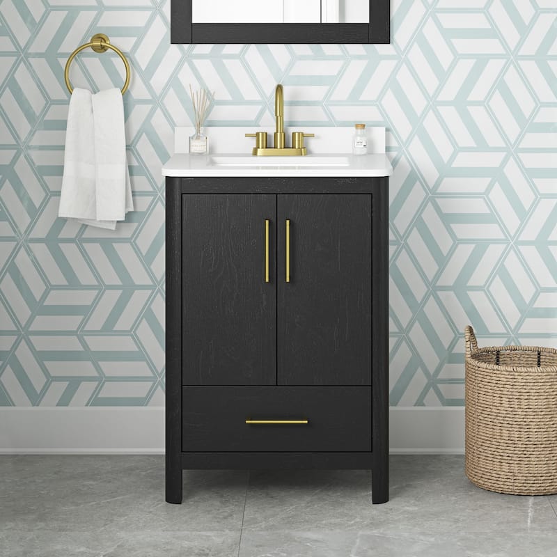 REN Selections Dario Freestanding Bathroom Vanity with Single Sink, Engineered Marble Countertop with Backsplash Included - 24" - Brown
