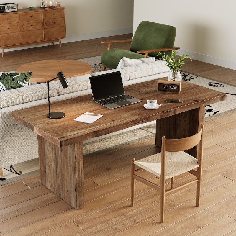 63 Inch Solid Wood Executive Desk, Farmhouse Office Desk Workstaticon