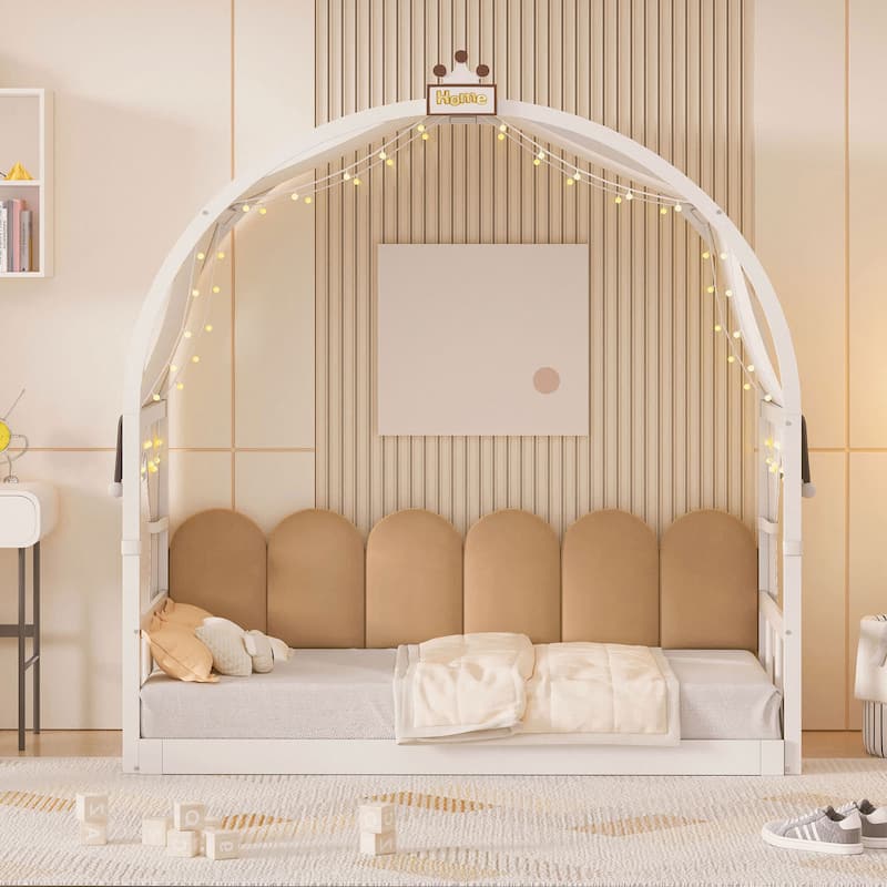 Wood Twin Size Bed Frame with Arched Roof, Floor Bed with Light and Curtain, Pull-out Kids Bed for Girls Boys Bedroom