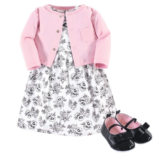 slide 1 of 1, Hudson Baby Infant Girl Cotton Dress, Cardigan and Shoe 3pc Set, Toile 0-3 Months - Toile