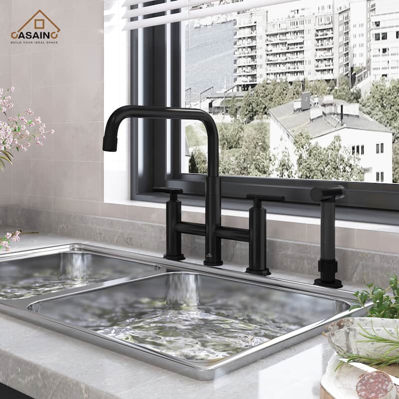 Double Handle Bridge Kitchen Faucet with Pull-Out Side Sprayer