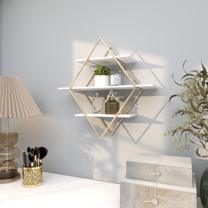 Wooden 3 Shelves Wall Shelf with Diamond Shape - Gold - Roche River Decor