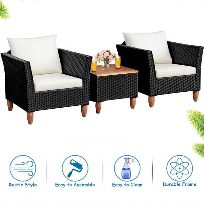 3 Pcs Outdoor Patio Rattan Furniture Set Wooden Table Top Cushioned Sofa - 29" x 27" x 28" (L x W x H)