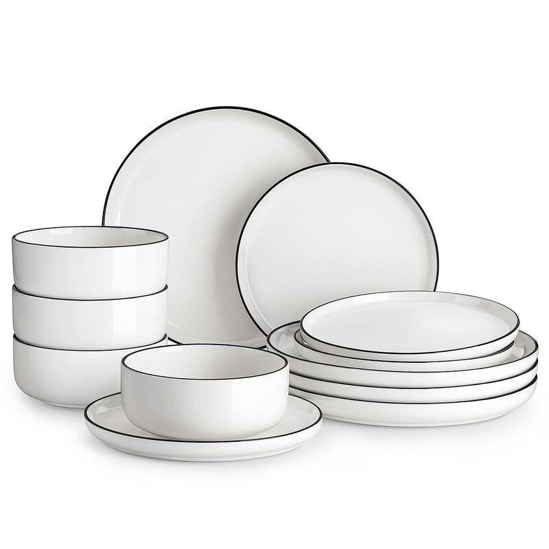 MALACASA LUNA 12-piece Porcelain Dinnerware Set (Service for 4) - BlackTrim
