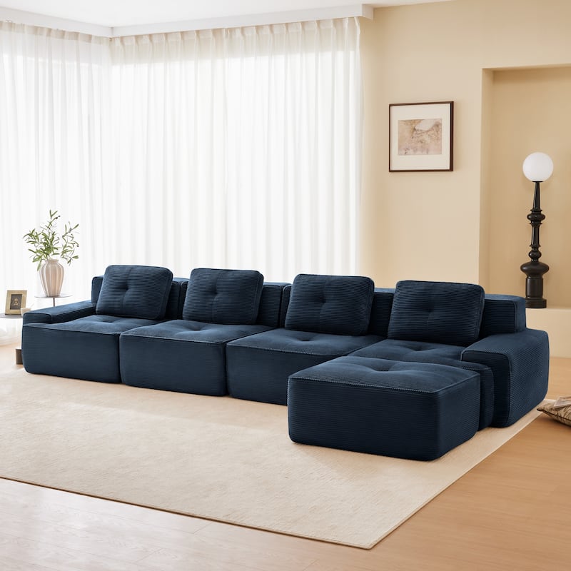 Roomfitters No Assembly Modular Sofa, 117 Inch Corduroy 3-Seater with Piping, Blue - Blue 153"  L-Shape