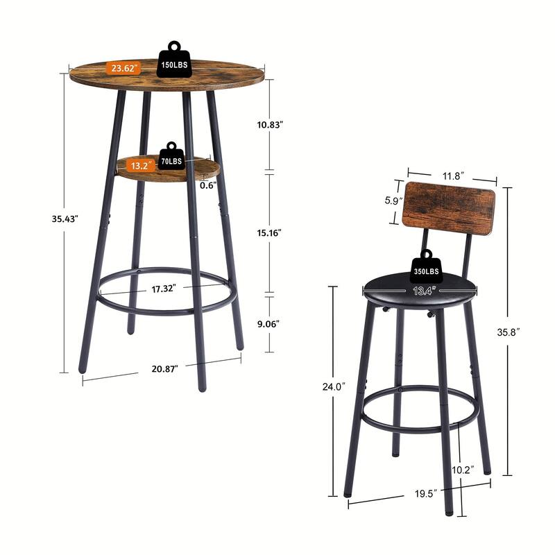 Round Bar Stool Set with Backrest and Shelf - Upholstered
