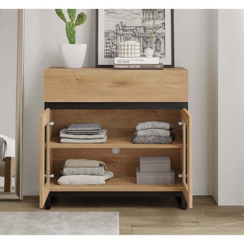 Modern Dresser With Glass Doors, Drawer, And Adjustable Shelf - Multifunctional Storage Cabinet For Living Room Or Bedroom