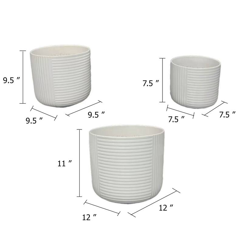 Set of 3 Ceramic Planter, Ribbed, Geometric Design, Matte White Finish