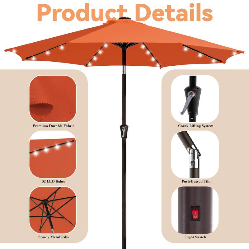 9ft Patio Market Umbrella with LED Lights,Crank & Tilt