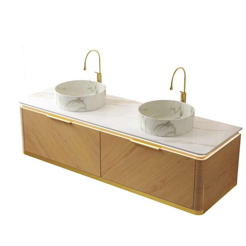 60" Floating Bathroom Vanity with Sensor Light and Marble Vessel Sink