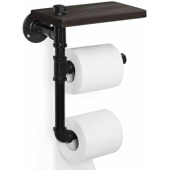 Double Wall-Mounted Wooden Shelf, Iron Metal Pipe Holder, Black
