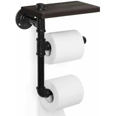 Double Wall-Mounted Wooden Shelf, Iron Metal Pipe Holder, Black