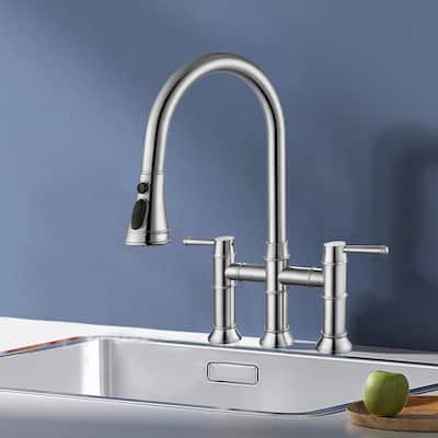 Topcraft Stainless Steel Two Handle Bridge Pull Down Kitchen Faucet