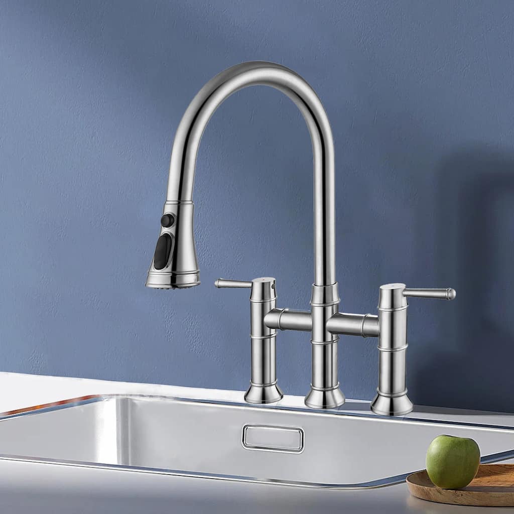 Topcraft Stainless Steel Two Handle Bridge Pull Down Kitchen Faucet