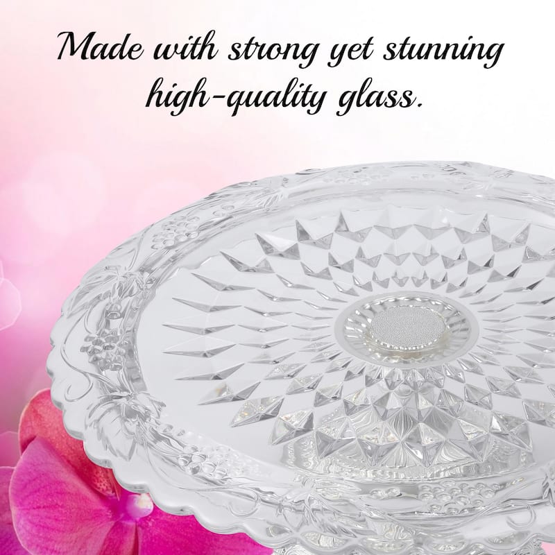Matashi Crystal Glass Etched Cake Plate Centerpiece, Round Serving Platter w/ Silver Plated Pedestal Base for Weddings, Parties