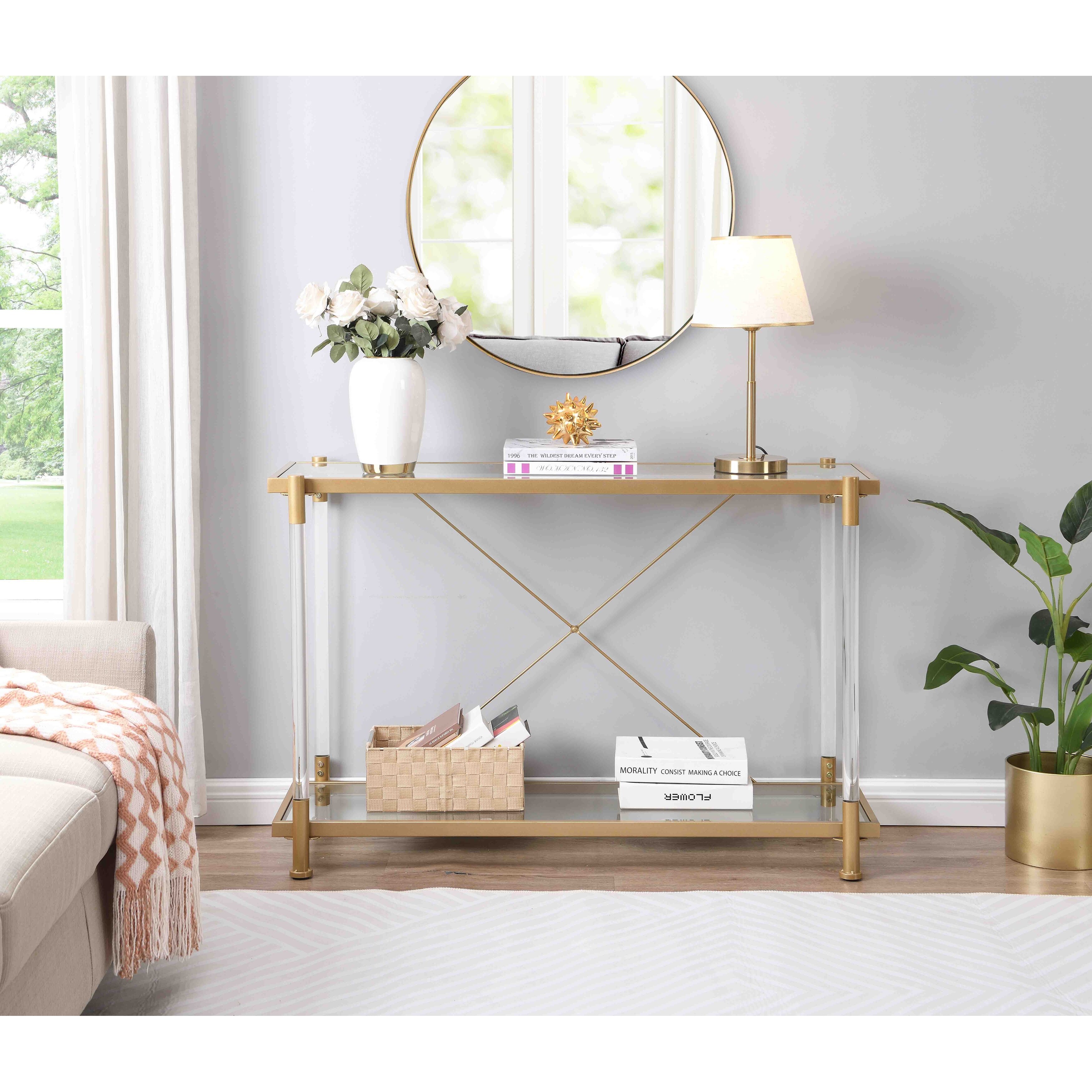 43.31 Modern Metal and Acrylic Console Table 2 Tier Glass