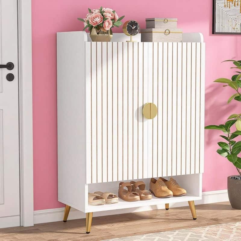 7 Tier Shoe Cabinet with Adjustable Shelves for Entryway Storage 29.5 Inch Height Durable Wooden Organizer for Home and Hallway - Full White