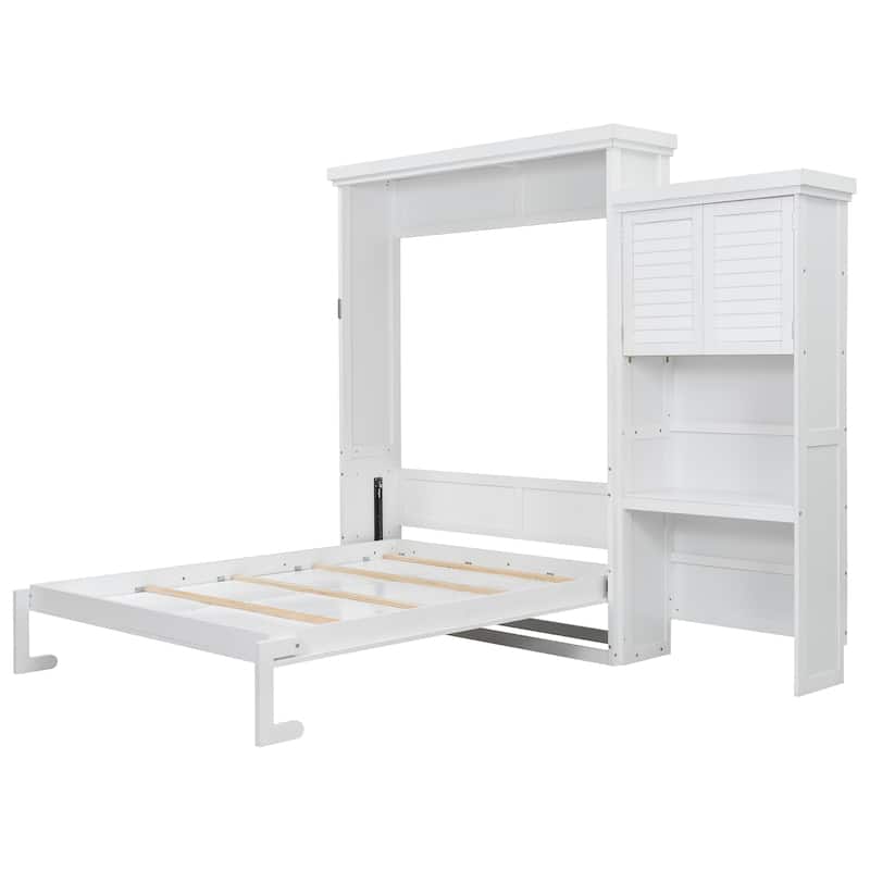 Queen Size Murphy Bed Wall Bed with Louvered Panel and Side Storage Shelves Space Saving Murphy Bed Pull Down Bed with Cabinets
