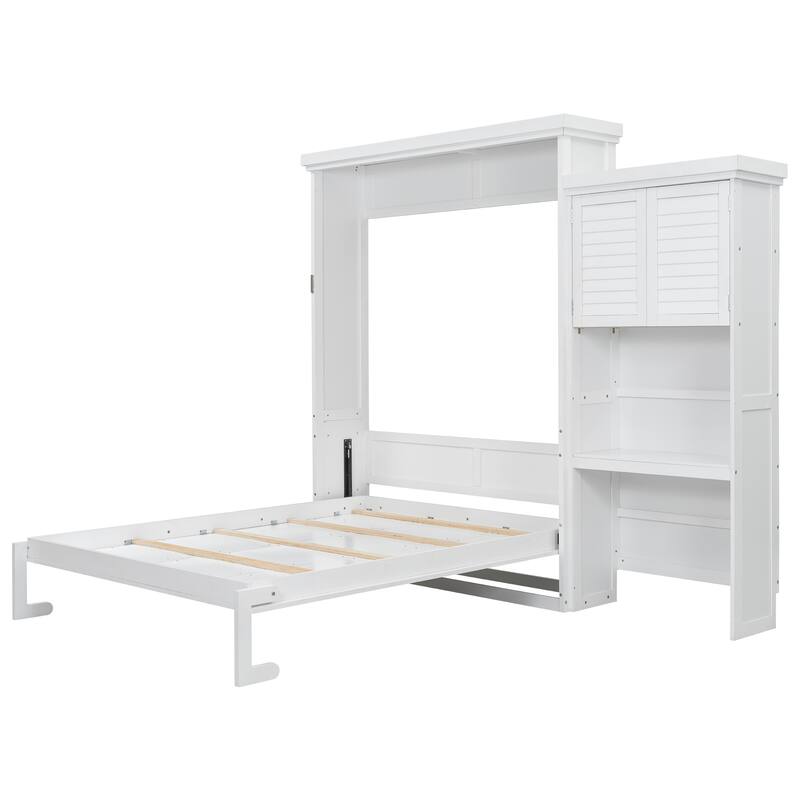 Roomfitters Queen Size Murphy Bed with Storage Shelves, Louvered Decorative Cabinet Design, Space-Saving Foldable Bed