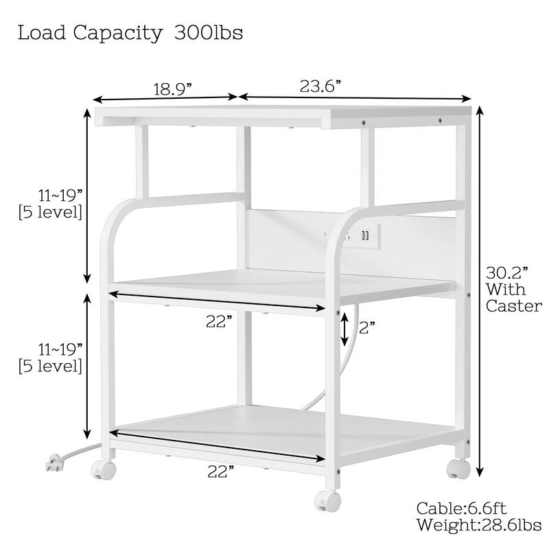 Javlergo 3-Tier Rolling Printer Stand with Locking Wheels Charging Station & AC/USB Outlets Mobile Office Storage Cart