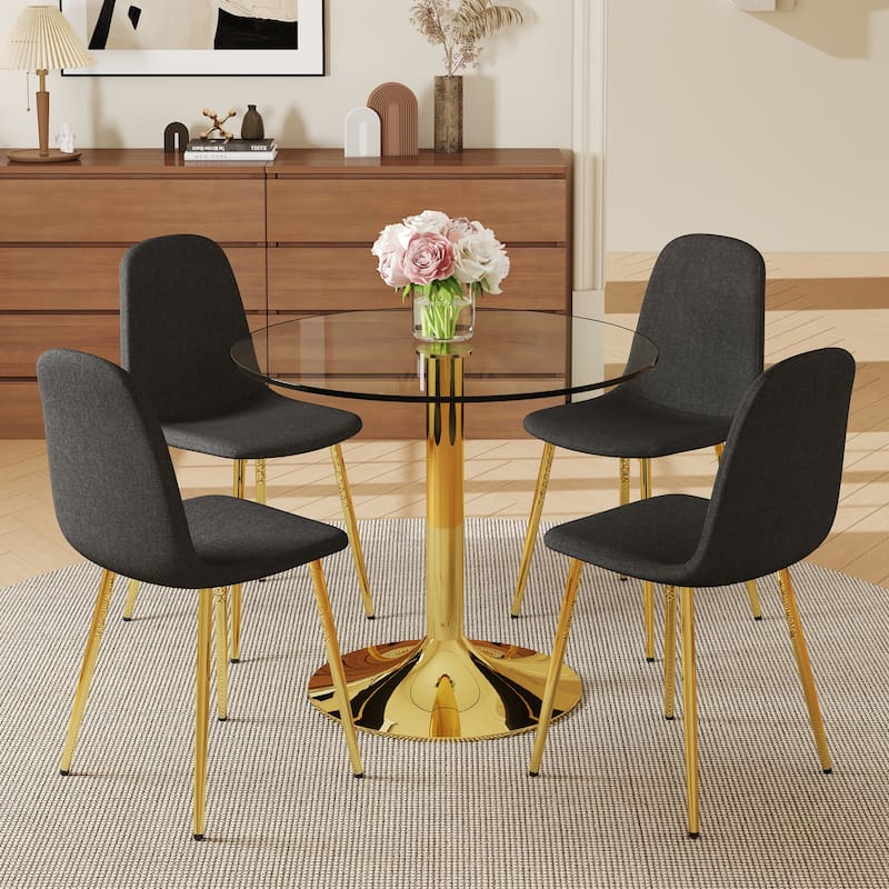 5-Piece Round Dining Table Set, 35 Inch Tempered Glass Top with Metal Base & 4 High-Resilience Fabric Chairs - Black+Gold,Transparent