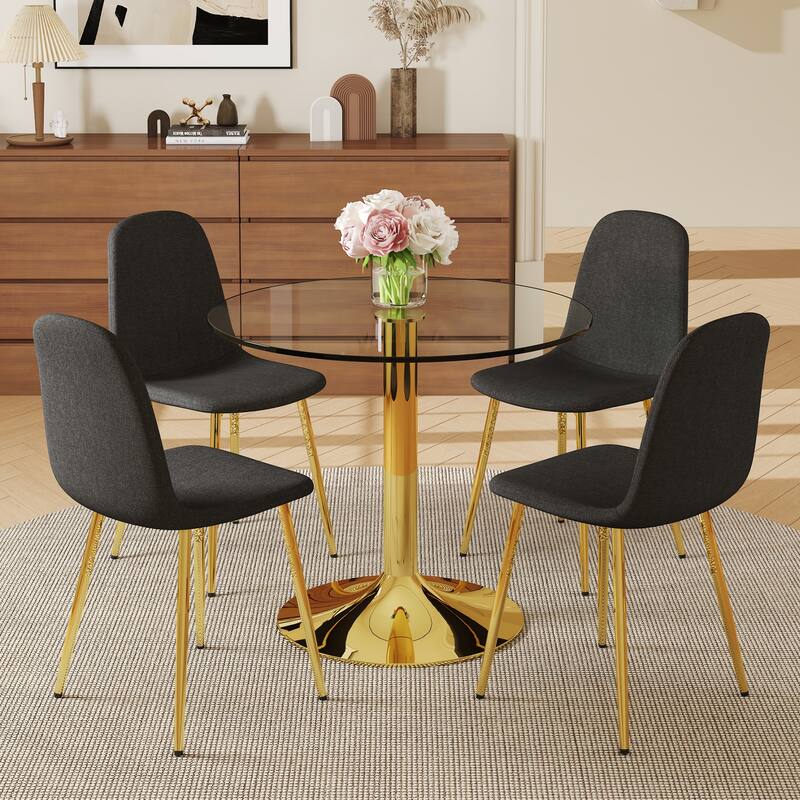 Roomfitters 5pcs Round Glass Dining Table Set with Golden Base and Linen Cotton Upholstered Chairs, Elegant Design, Black - Black
