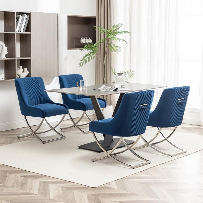 Modern Contempoary Velvet Dining Chair Set of 4 with Metal Frame Legs and Back Pull - Navy