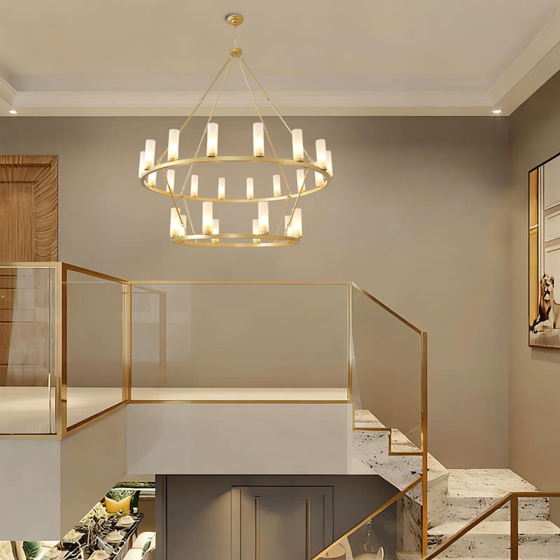 24 - Light 2 - Tier Gold Wagon Wheel Chandelier, 48.6" Wide, Frosted Glass Shades - Brushed Brass