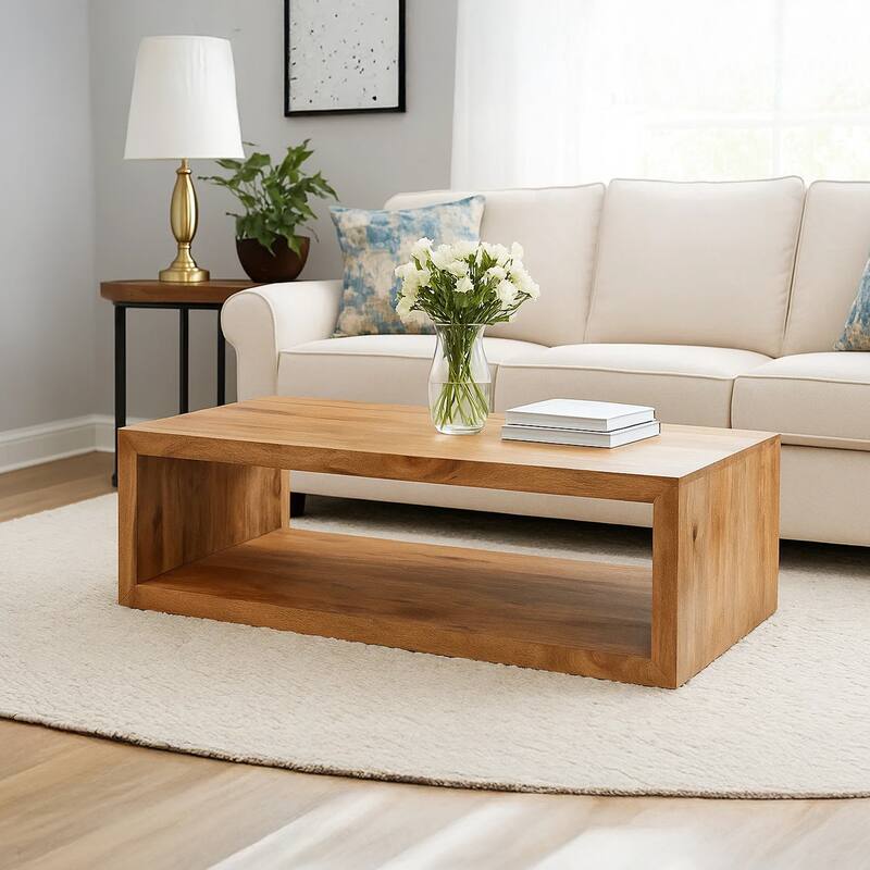 Keli 58 Inch Mango Wood Coffee Table, Open Cube, 1 Shelf, Natural Brown