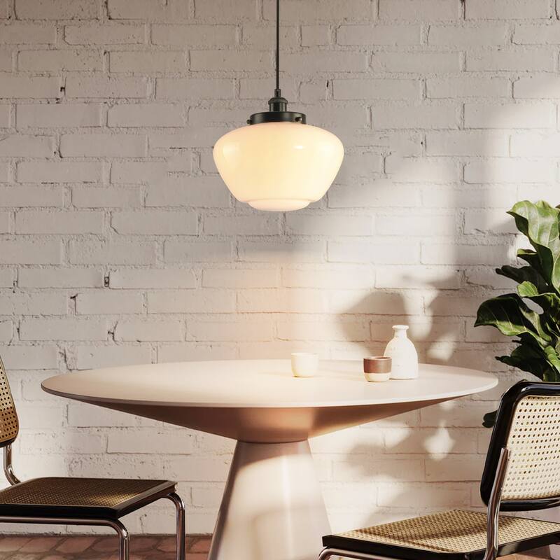 1-Light Mid-Century Modern Brass/Black Frosted Glass Globe Dome Pendant Light