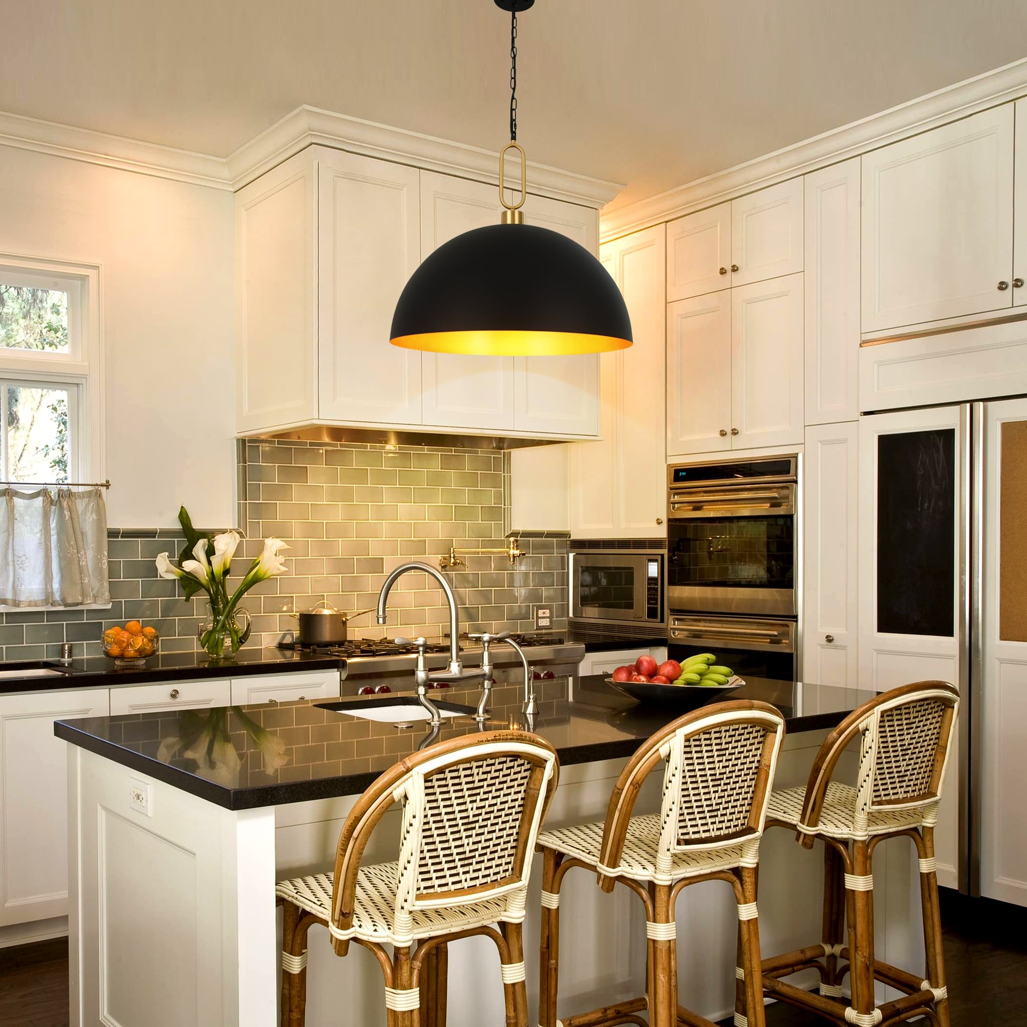 23" Black and Gold Large Dome Pendant Light Fixture, Industrial Hanging Lamp for Dining Room